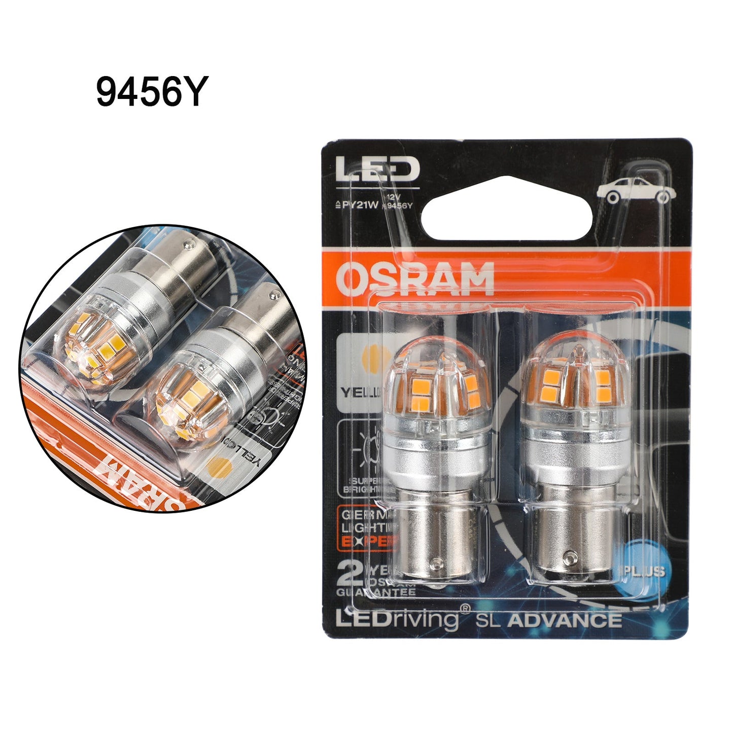 2x For OSRAM 9456Y Car Auxiliary Bulbs LED PY21W 12V2.5W BAU15s