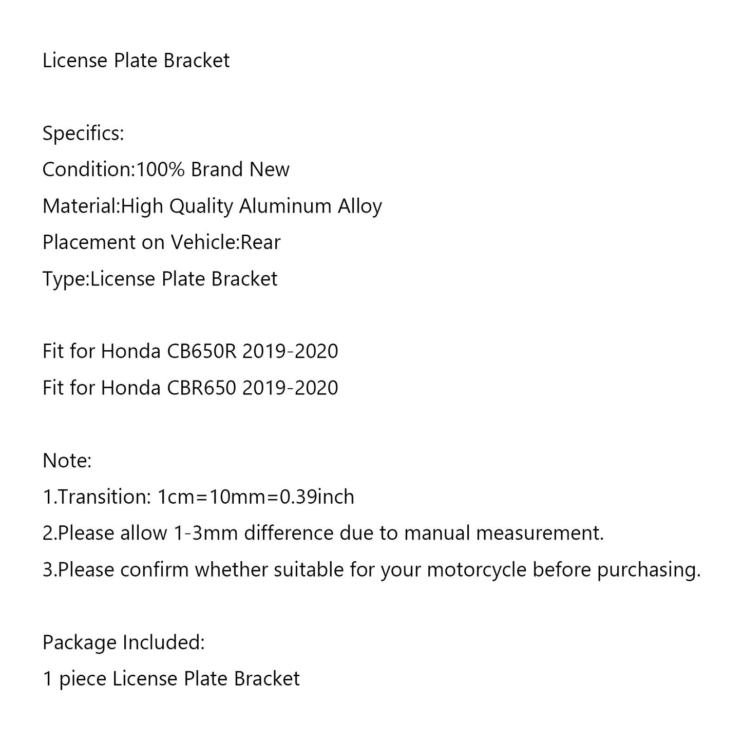 License Plate Bracket For Honda CB650R CBR650 19-20 BLk