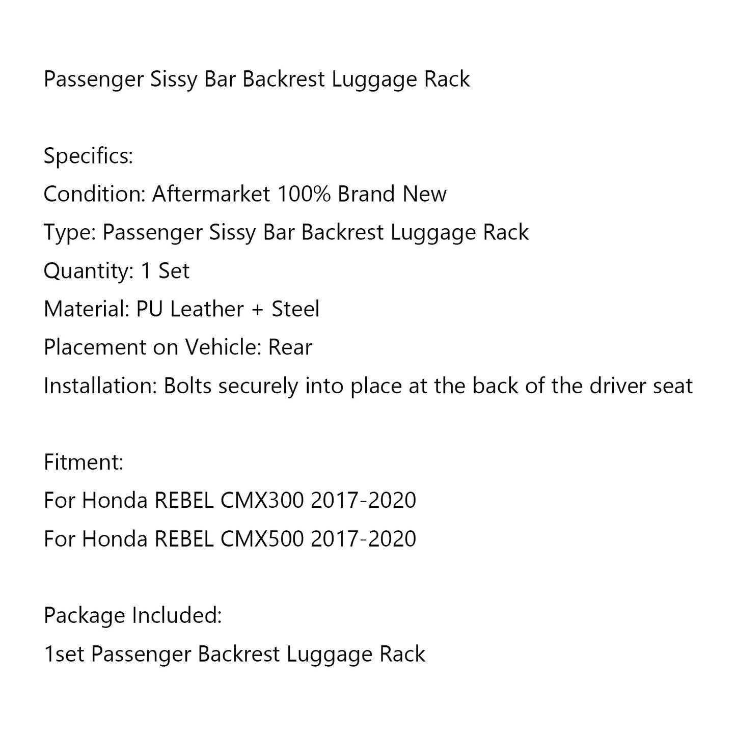 Passenger Sissy Bar Backrest Luggage Rack for Honda REBEL CMX300 CMX500 2017-20