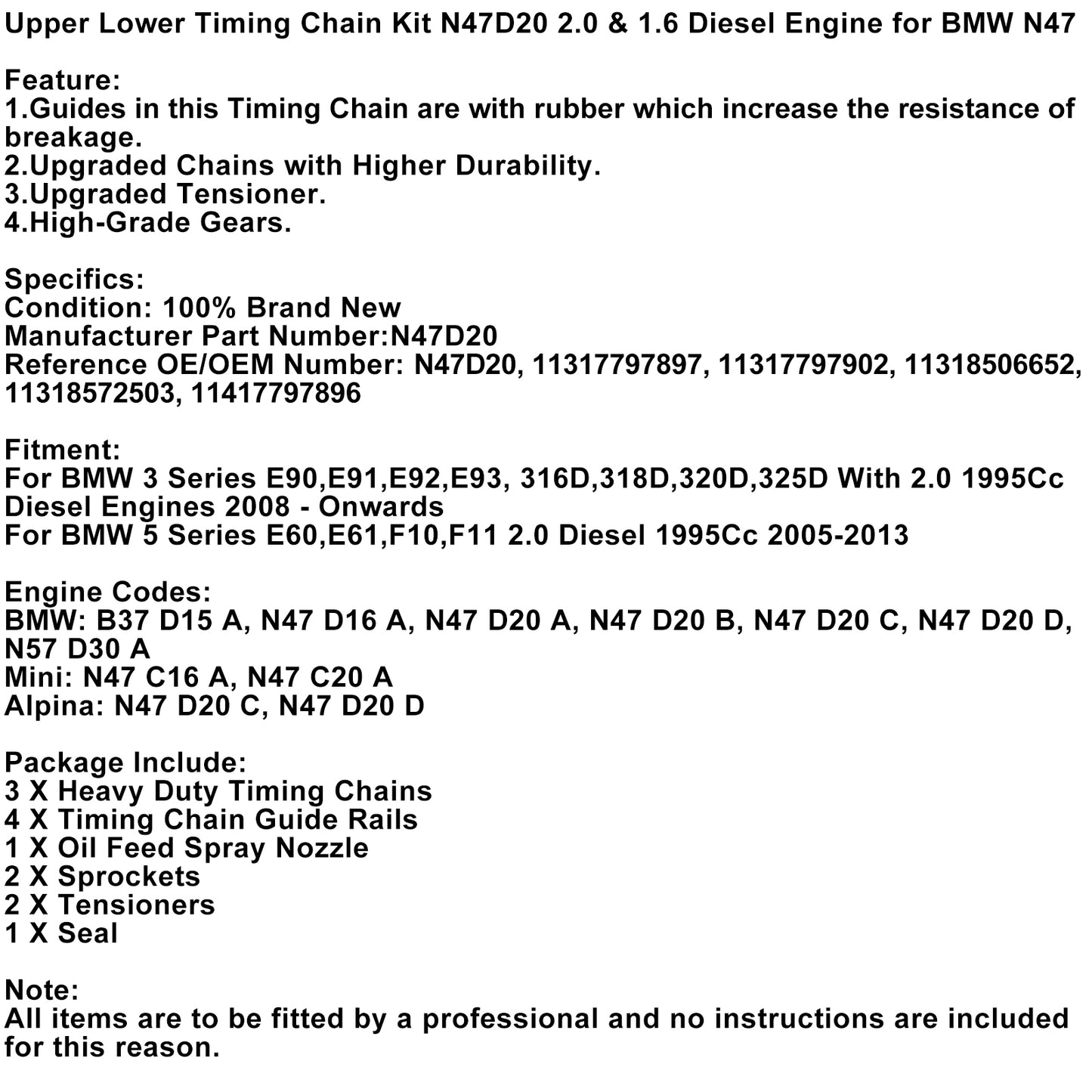 N47D20 BMW N47 Upper Lower Timing Chain Kit 2.0 & 1.6 Diesel Engine
