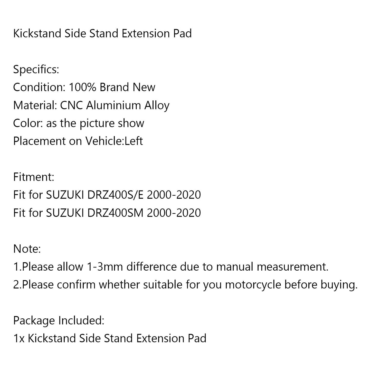 Kickstand Side Stand Extension Pad For Suzuki DRZ400S/E DRZ400SM 2000-2020 BLK