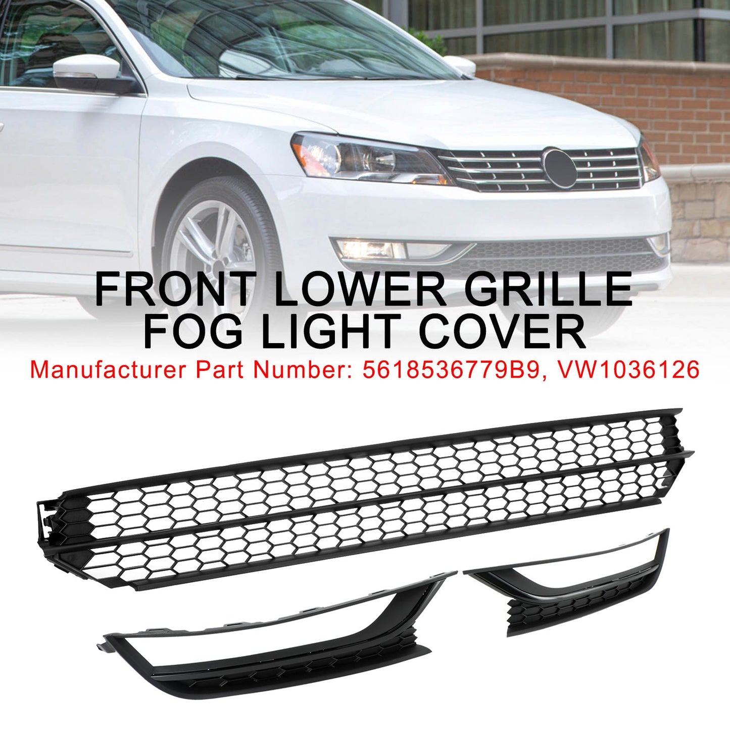 VW Passat 2012-2015 Front Bumper Lower Grille Grill Fog Light Cover Black Volkswagen