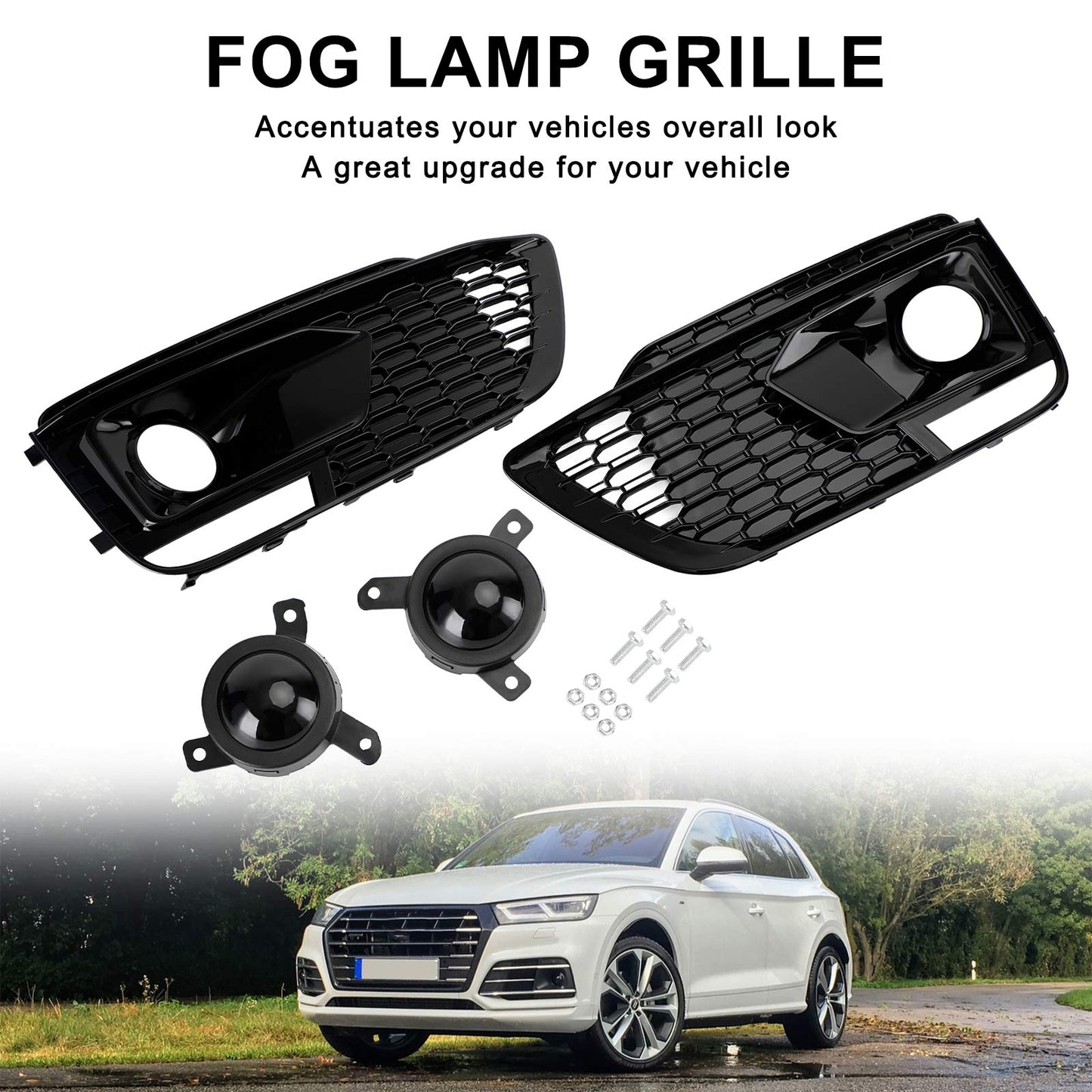 2018-2020 Audi Q5 SQ5 RSQ5 Black Front Honeycomb Fog Lamp Grilles Cover