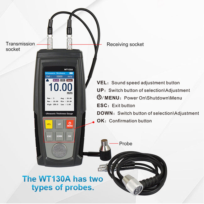 WT100A LCD Tester Tool Smart Sensor Ultrasonic Thickness Gauge Sound Velocity