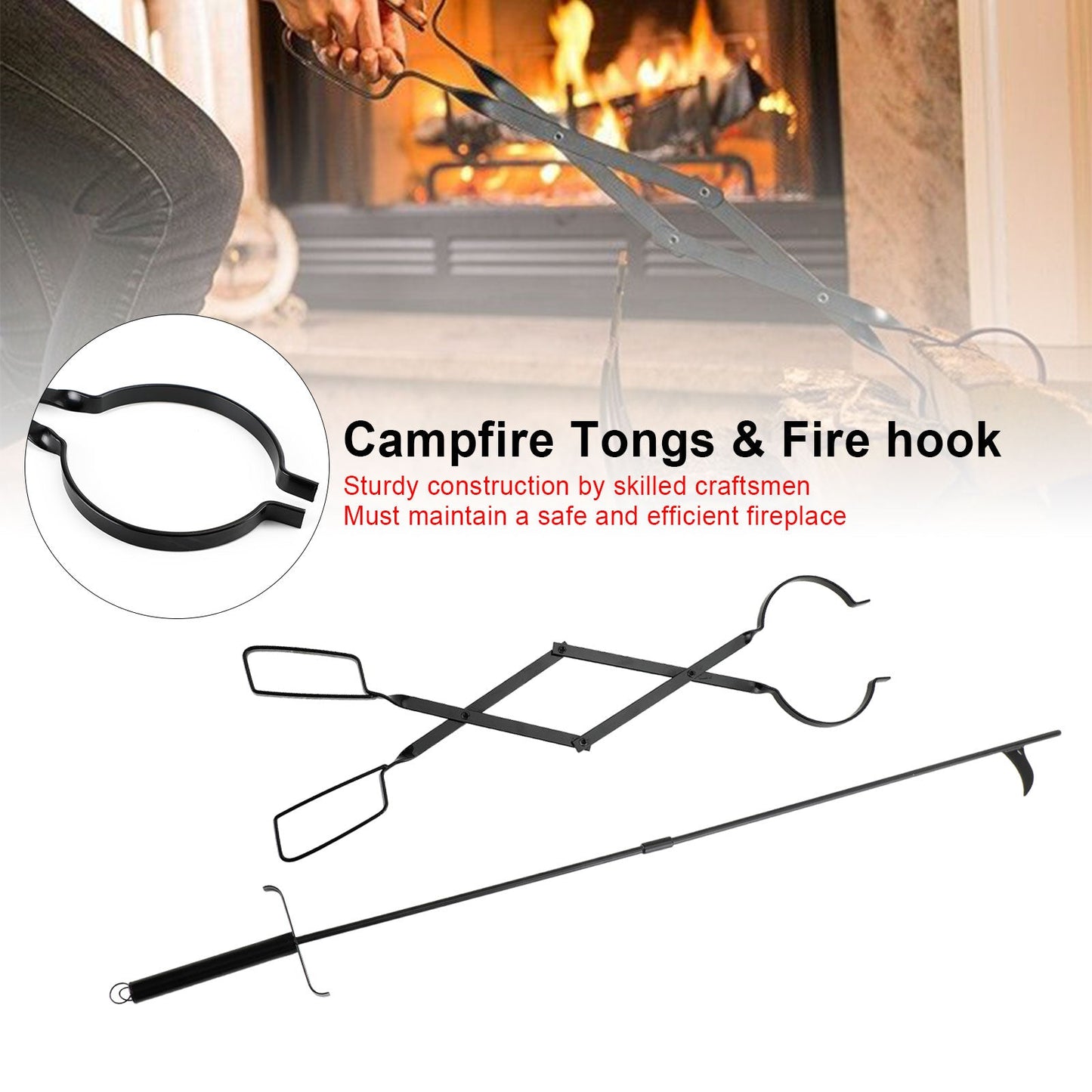 2PCS Hearth Tool Fireplace Set Fire Tools Set Campfire Tongs Fire hook Black