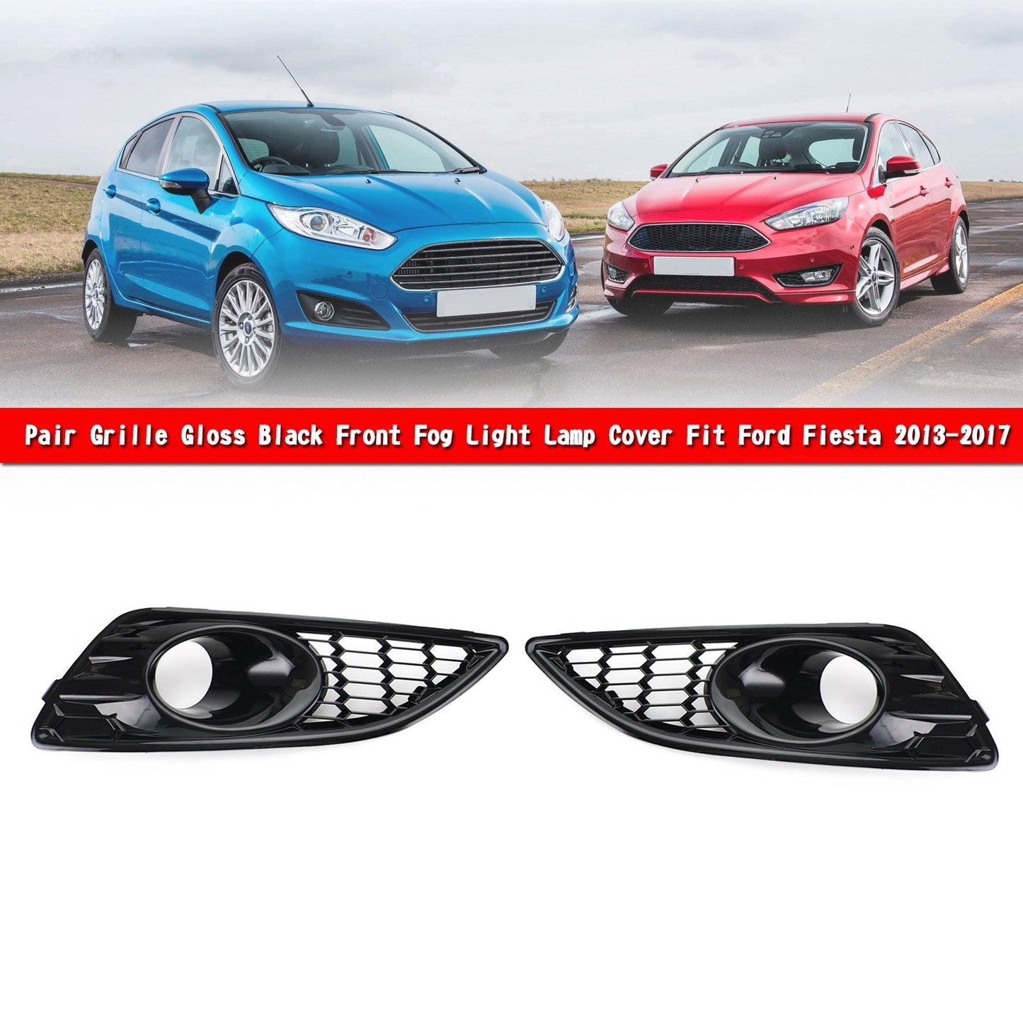 Pair Grille Gloss Black Front Fog Light Lamp Cover Fit Ford Fiesta 2013-2017