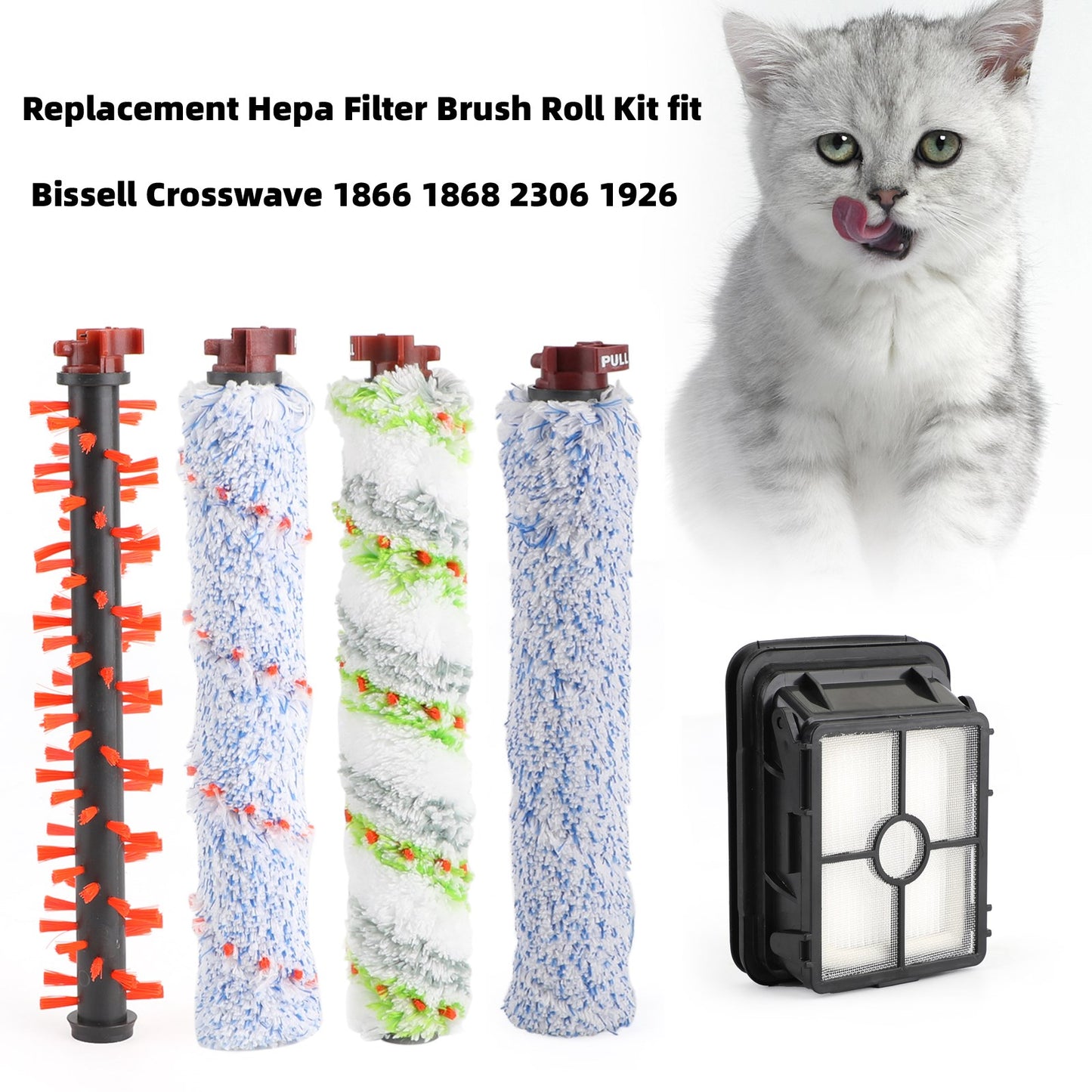 Replacement Hepa Filter Brush Roll Kit fit Bissell Crosswave 1866 1868 2306 1926