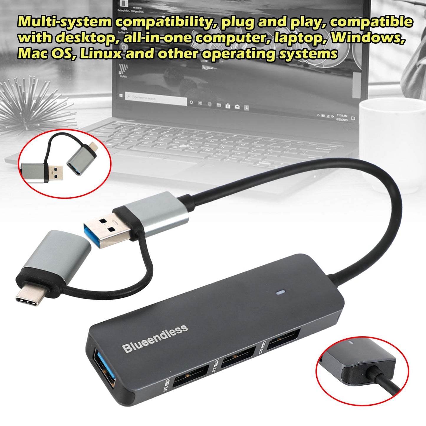 USB 3.0 4 in 1 USB C Hub Data Transmission for Macbook iPad Pro USB C Splitter