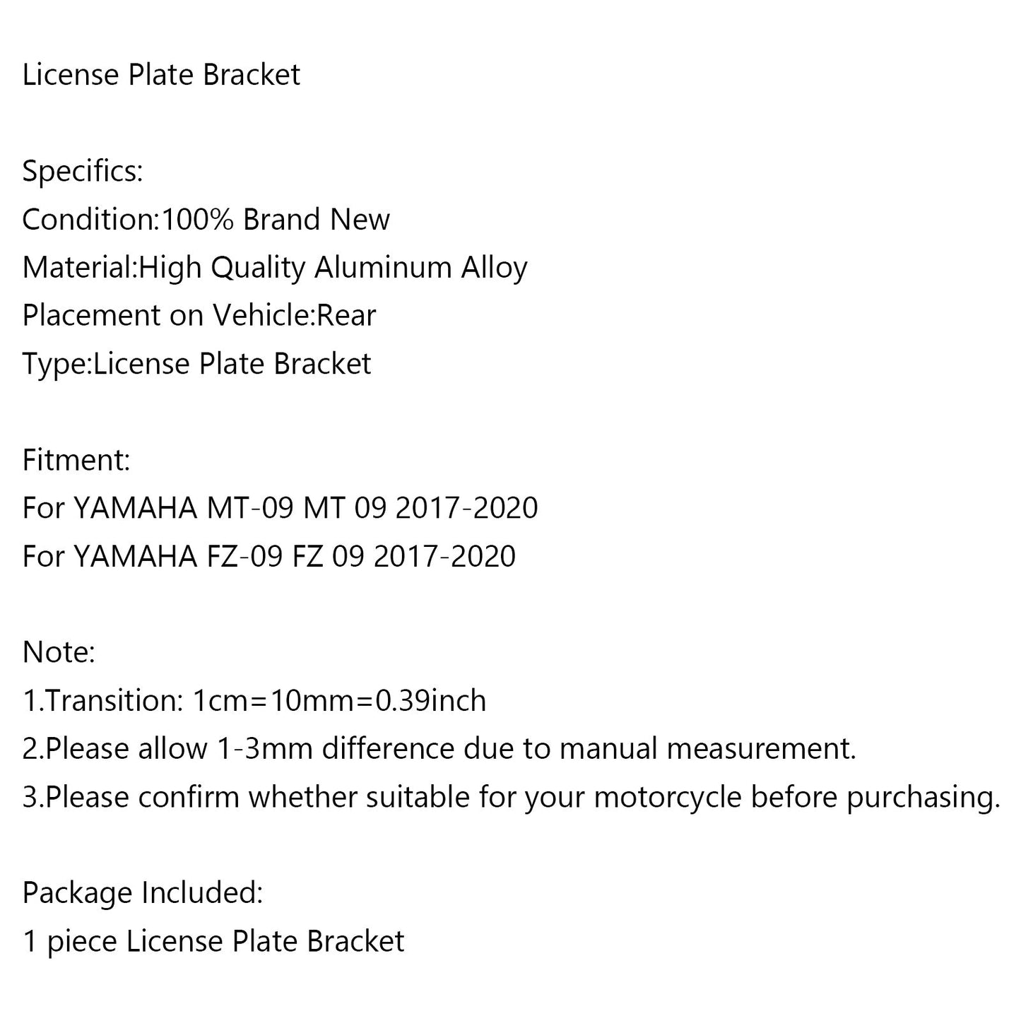 License Plate Bracket For Yamaha MT-09 FZ-09 17-20 BLK