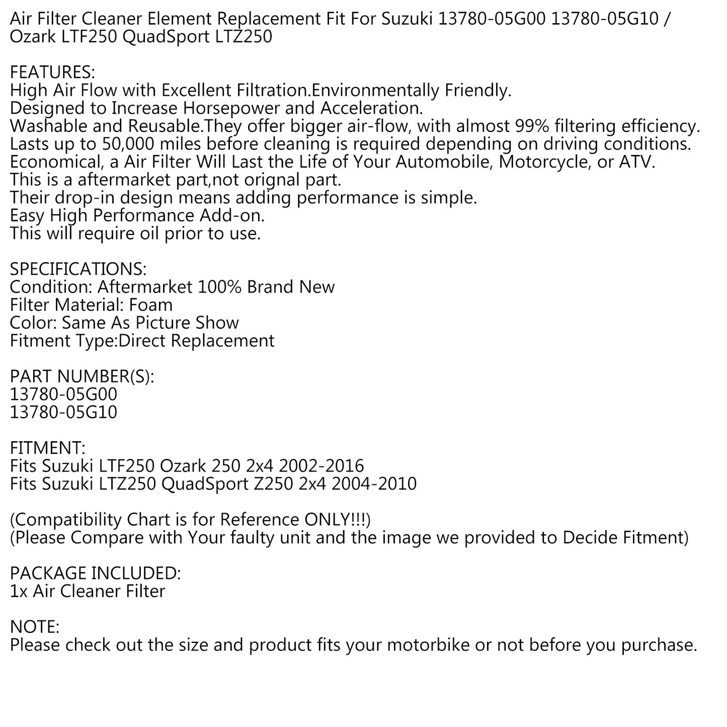 Air Filter Assy for Suzuki 13780-05G00 13780-05G10 Ozark LTF250 QuadSport LTZ250
