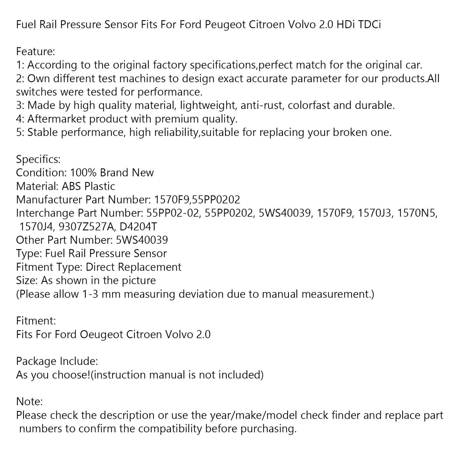 Fuel Rail Pressure Sensor Fit For Ford Peugeot Citroen Volvo 2.0
