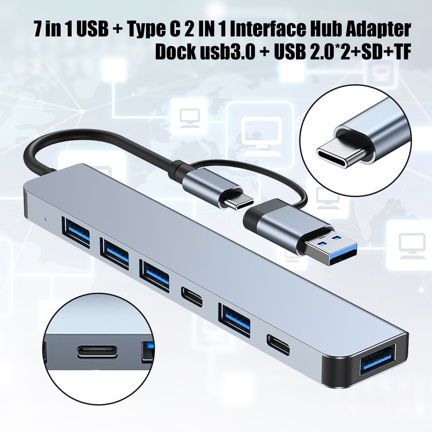 USB + Type C 2 Interface 7 in 1 USBC Hub Adapter Dock usb3.0+USB 2.0*2+SD+TF