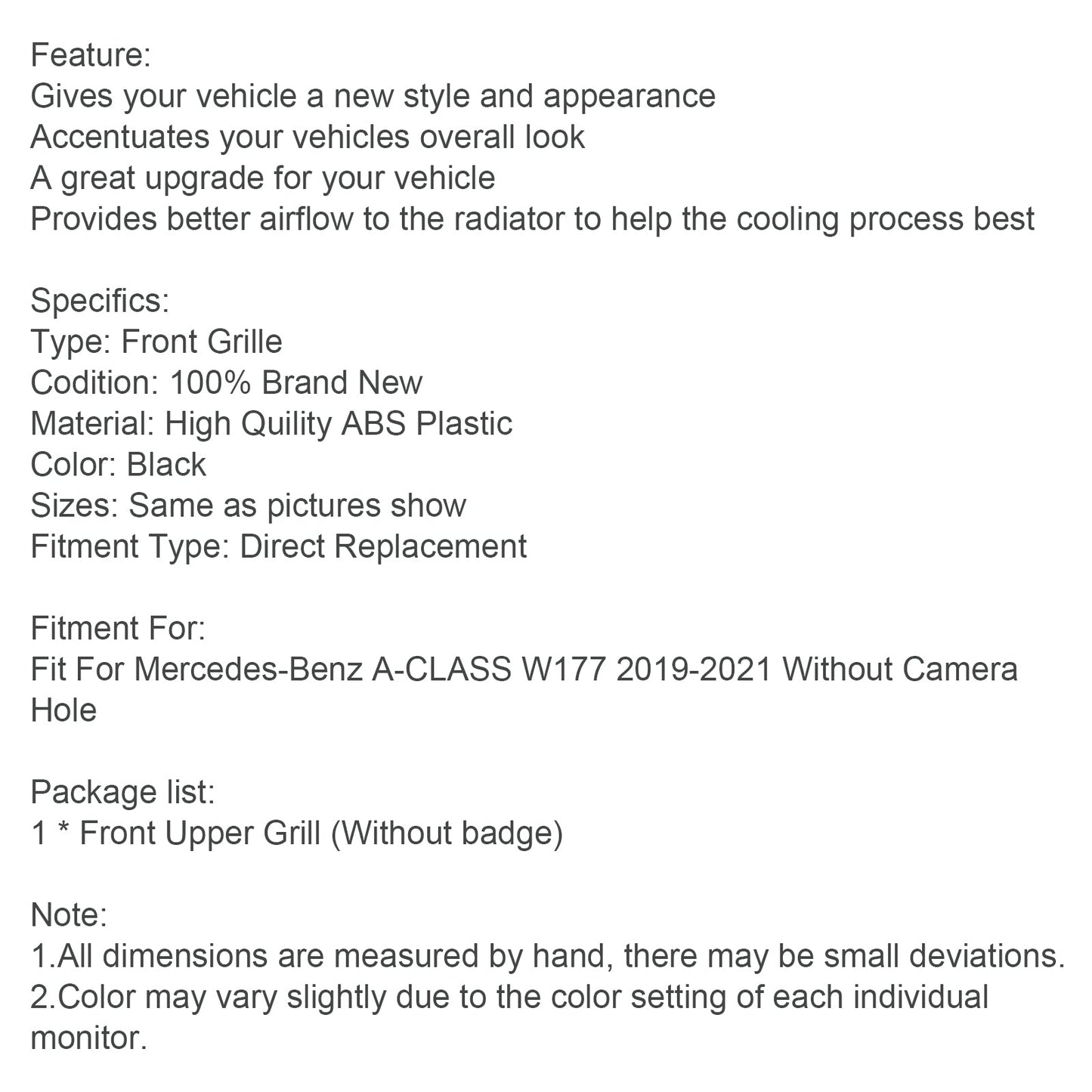 2019-2023 Benz A-Class W177 Diamond Front Bumper Grill Grille Black