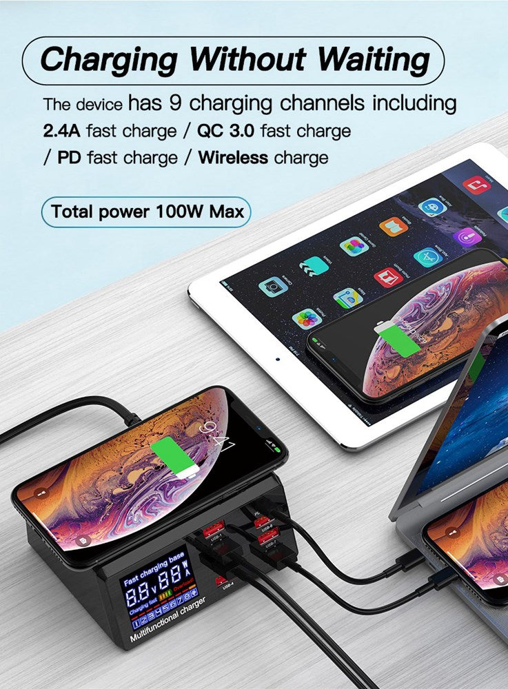100W 8-Port Desktop Charging Hub QC 3.0 USB Port + PD + Wireless Station UK Plug
