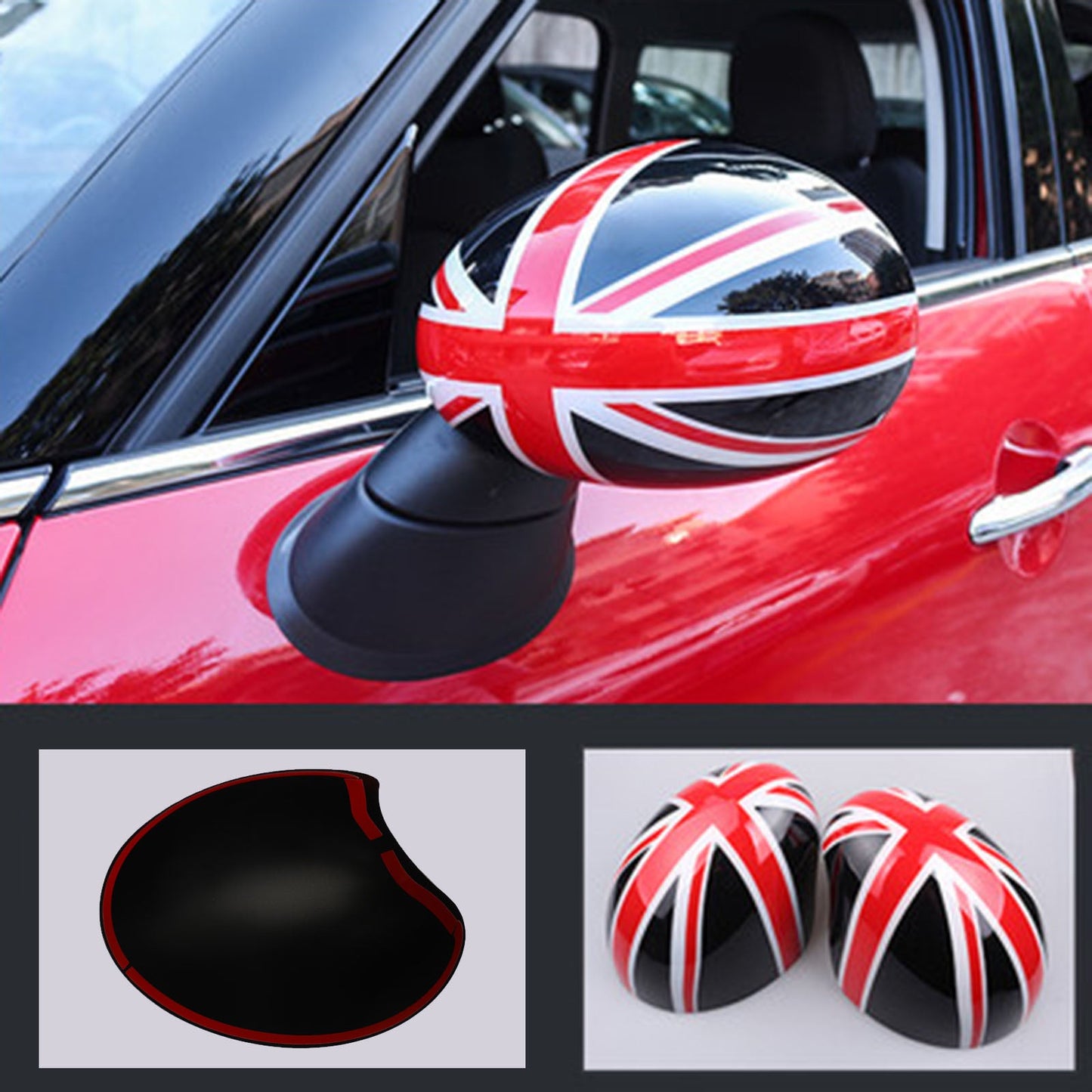 2 x Union Jack UK Flag Mirror Covers for MINI Cooper R55 R56 R57 Black/Red