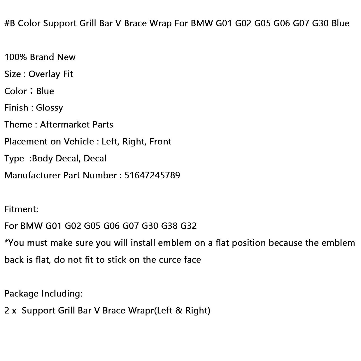 #B Color Support Grill Bar V Brace Wrap For BMW G01 G02 G05 G06 G07 G30 G38 Blue