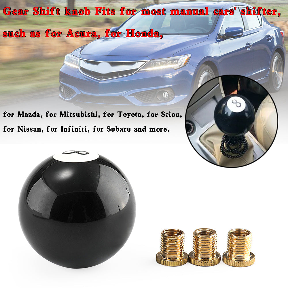 Universal No.8 Billiard Ball Gear Shifter Black Round Shift Knob w/ 3 Adapters