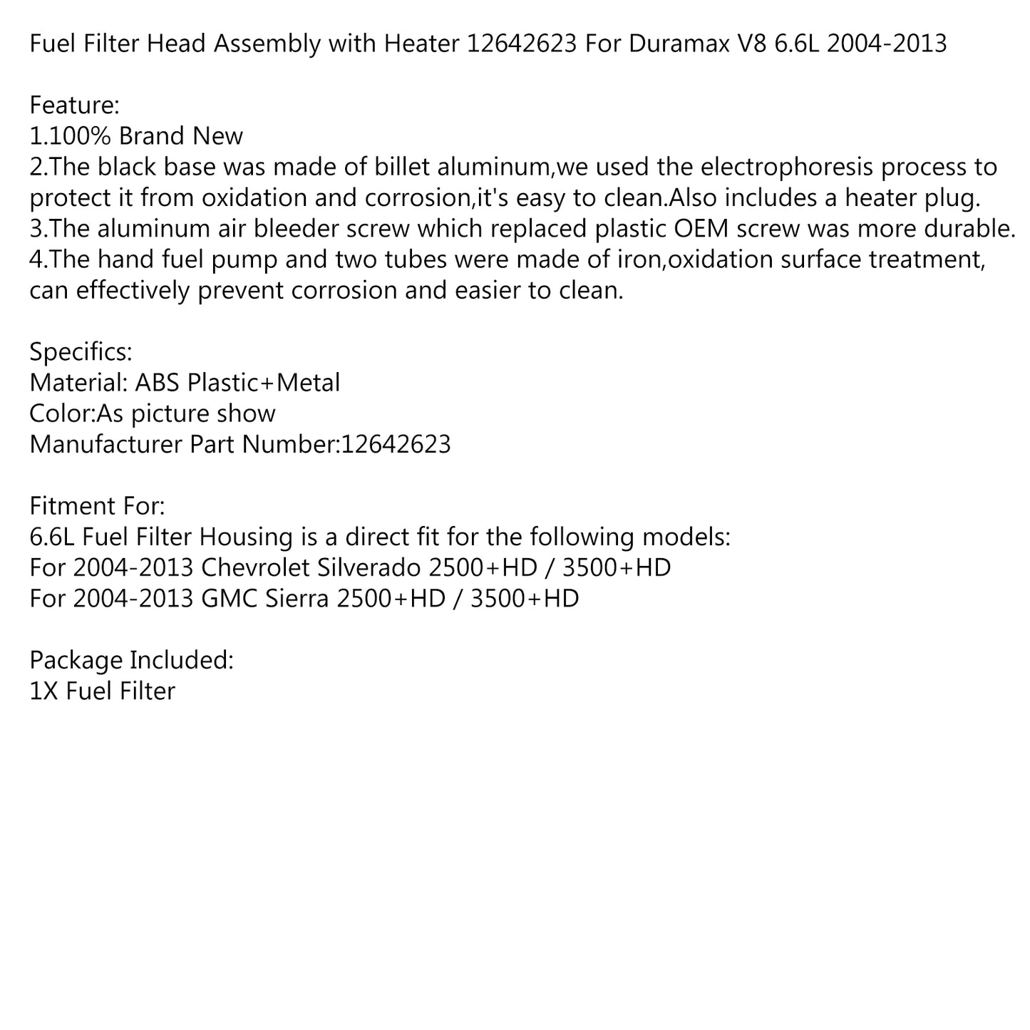 Fuel Filter Head Assembly with Heater 12642623 For Duramax V8 6.6L 2004-2013