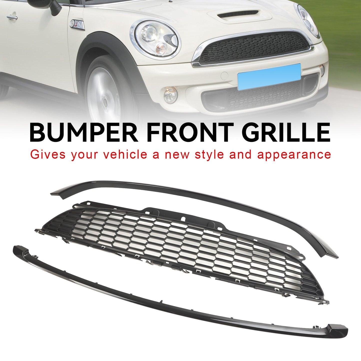 MINI R56 Cooper S & JCW 3-Door Hatchback 2007-2013 3PCS Gloss Black Front Grille Grill