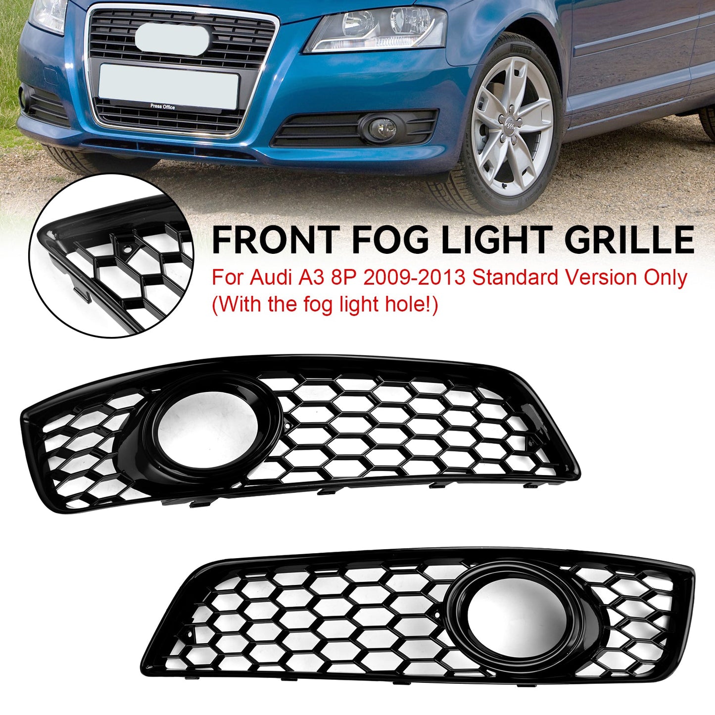 2009-2013 Audi A3 8P Honeycomb Bumper Front Fog Light Grill Grille Cover