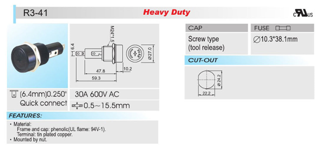 1PCS SCI R3-41 Panel Mount Chassis Fuse Holder For 10x38mm Glass Fuses 30A 600V