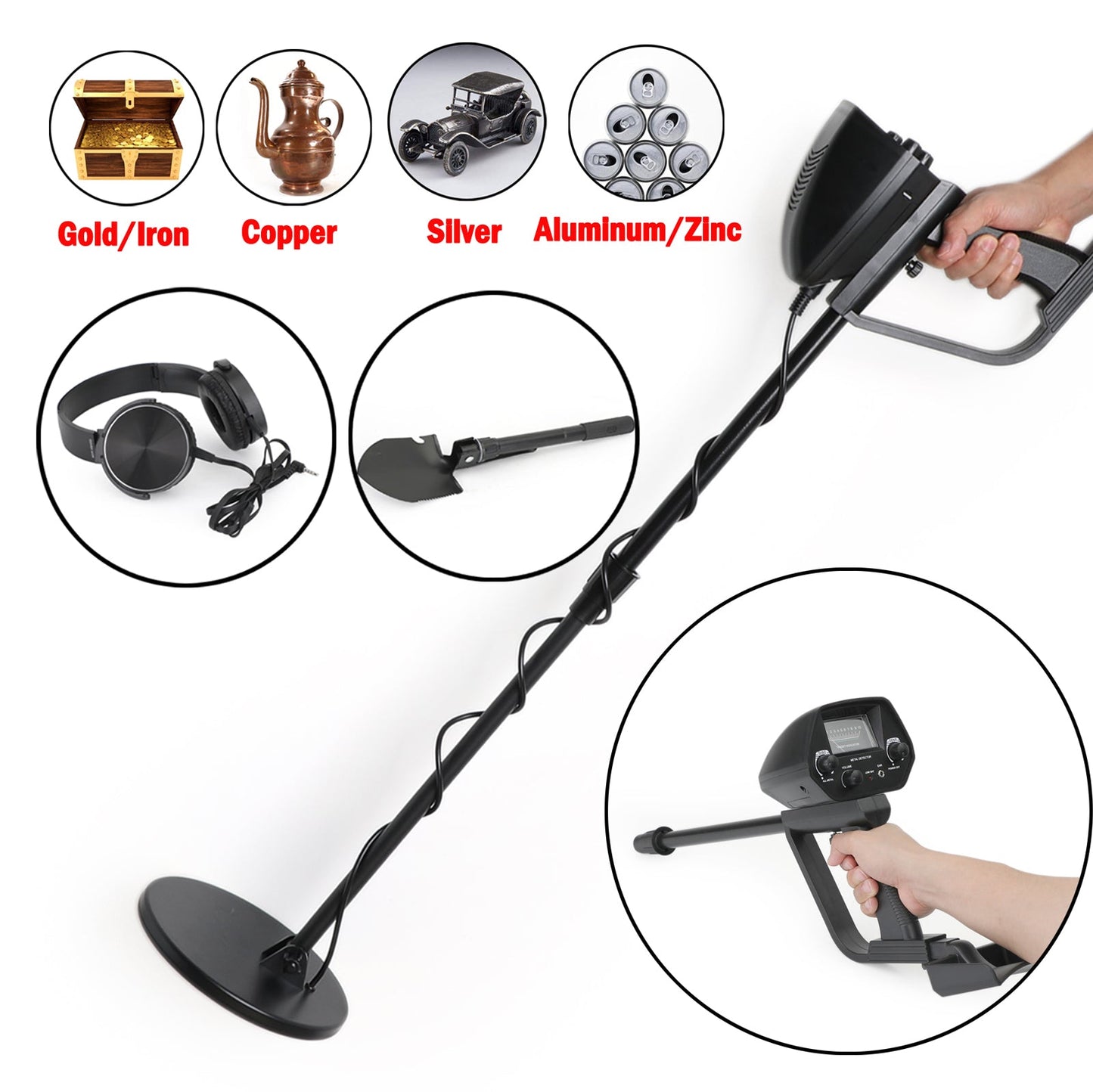 7.8" Deep Sensitive Metal Detector + Shovel + Earphone Waterproof