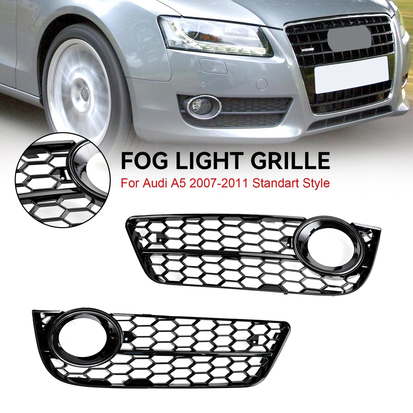 2007-2011 Audi A5 Pair Honeycomb Front Fog Lamp Cover Grille Grill