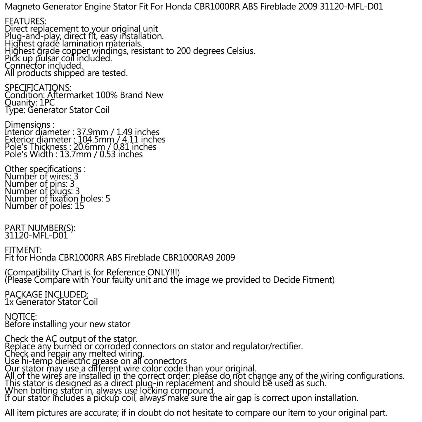 Stator Magneto Fit for Honda CBR 1000 RR ABS 2009 CBR1000RR Repl.31120-MFL-D01