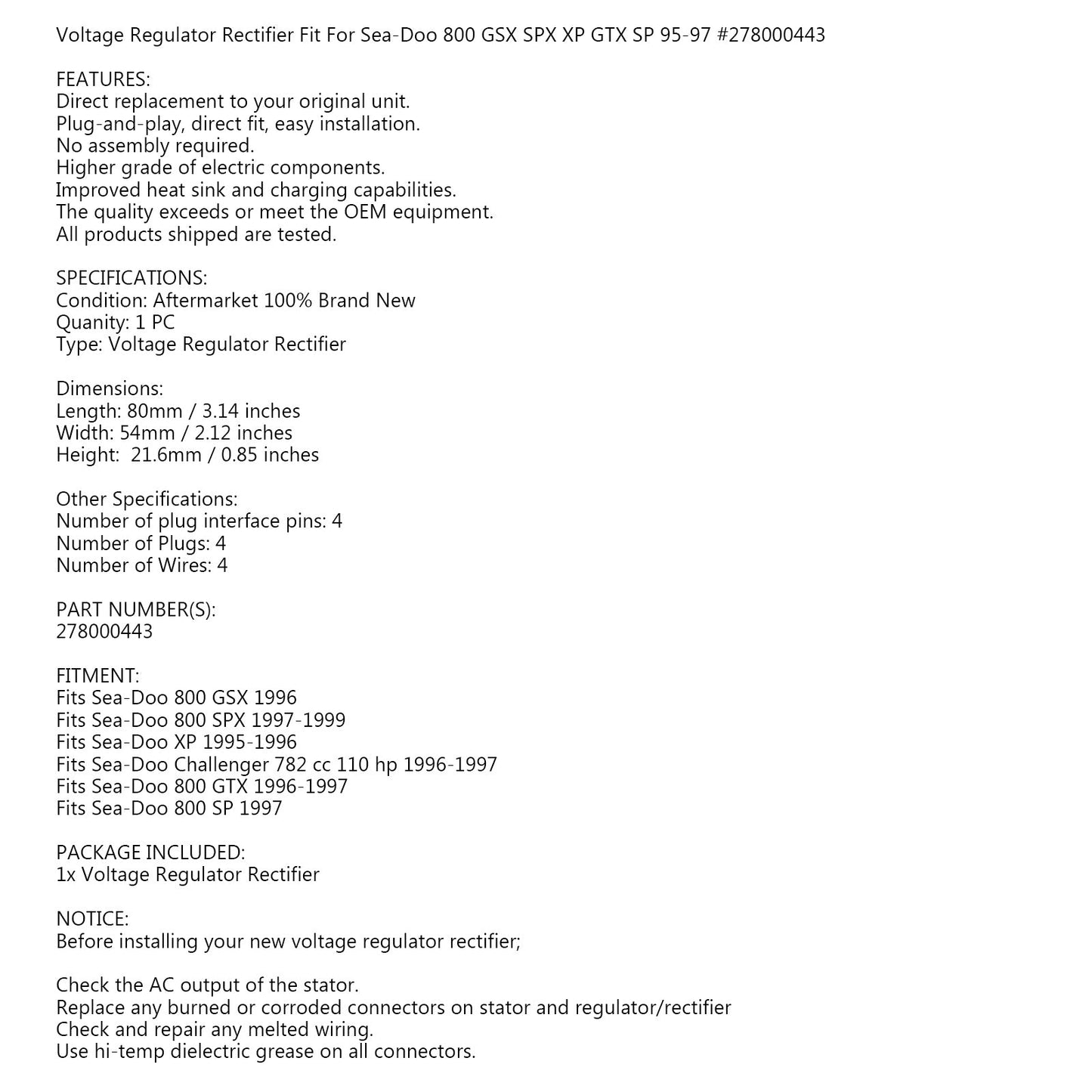 Voltage Regulator Rectifier for SeaDoo 278000443 GSX SPX GTX XP800 SP XP 95-99