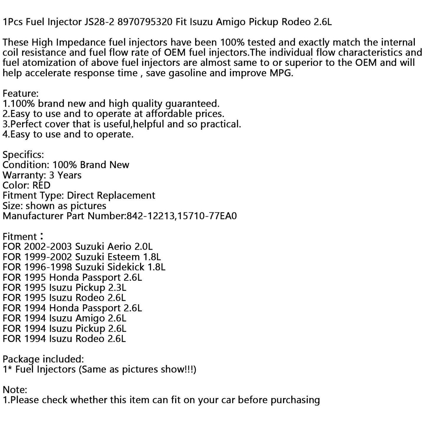 1PCS Fuel Injectors JS28-2 8970795320 Fit Isuzu Amigo Pickup Rodeo 2.6L