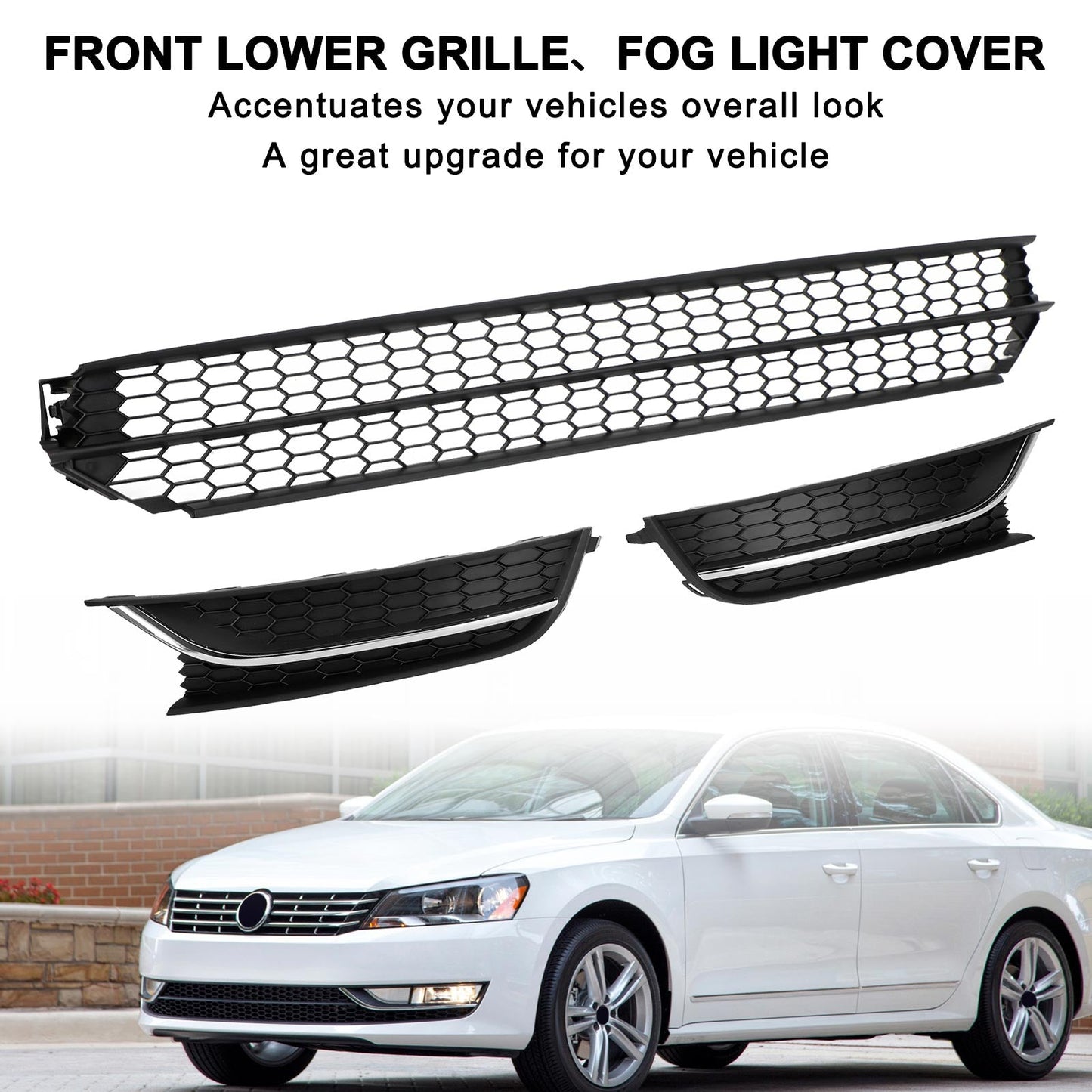 Volkswagen Passat 2012-2015 Front Lower Grille + Fog Light Cover W/O Hole Combo Set