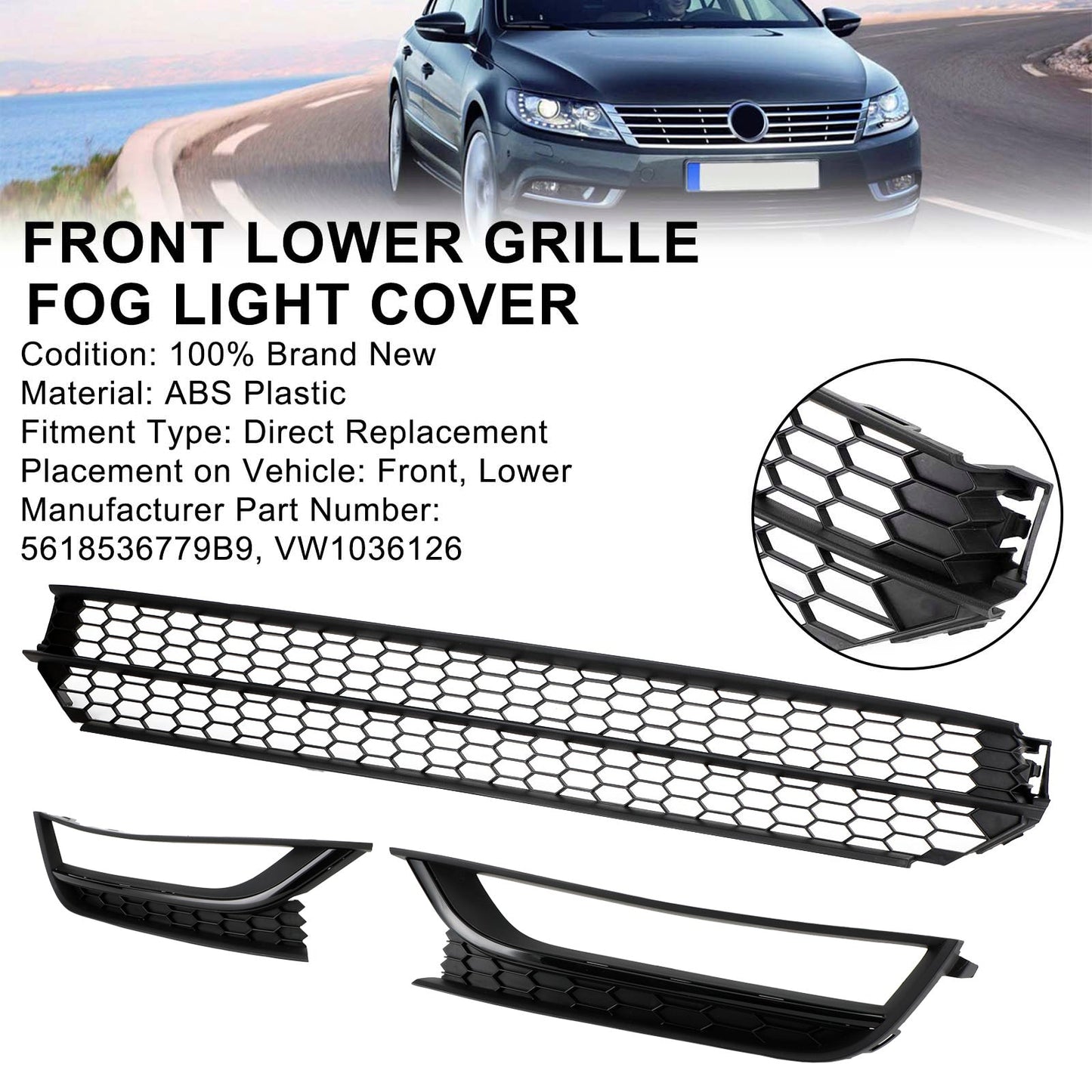 VW Passat 2012-2015 Front Bumper Lower Grille Grill Fog Light Cover Black Volkswagen