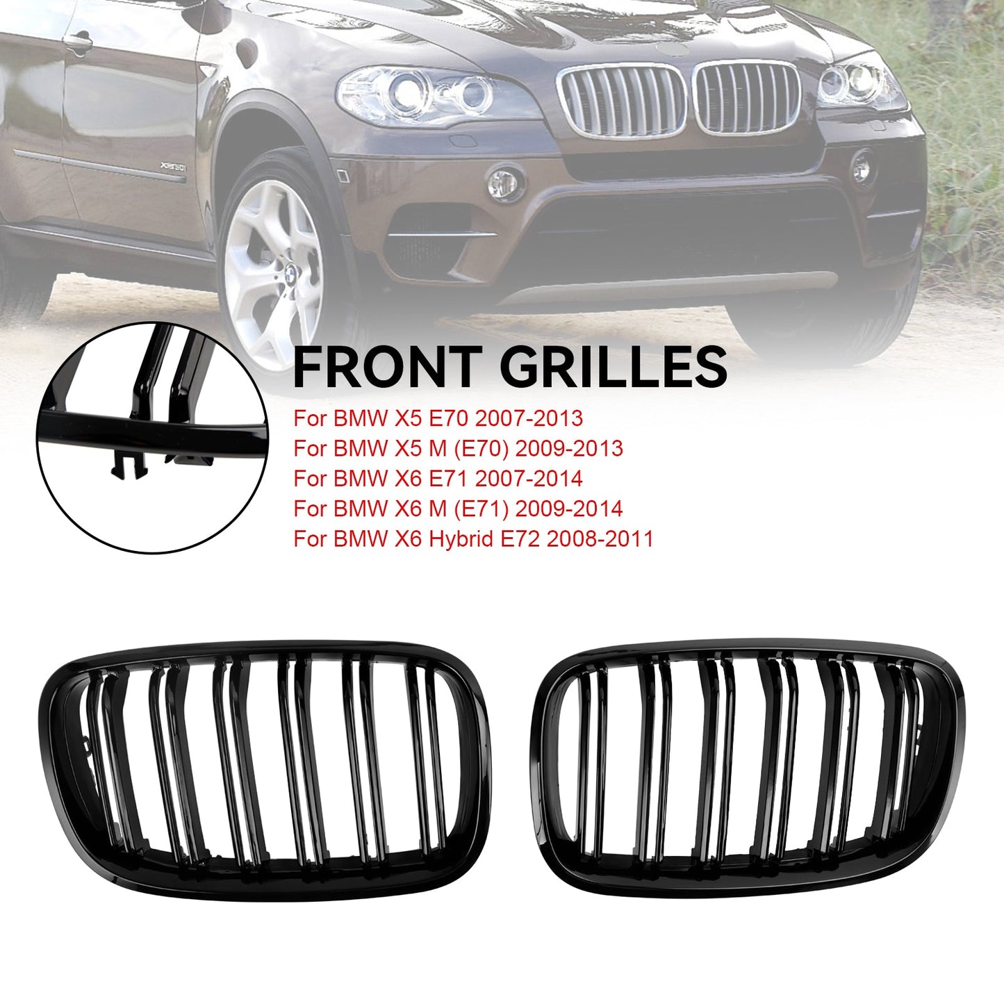 BMW X6 Hybrid E72 2008-2011 Front Bumper Kidney Grille Grill Gloss Black