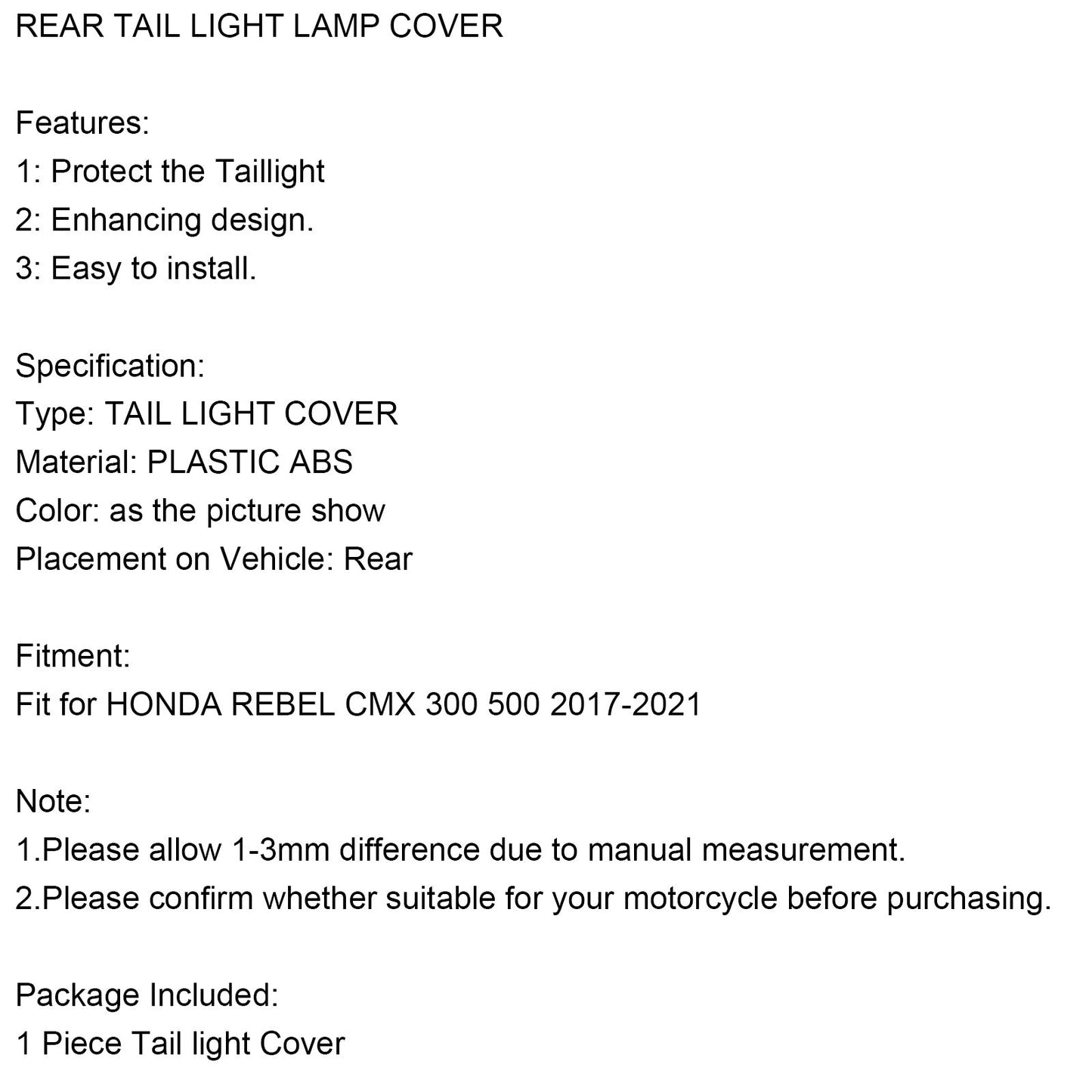 REAR TAIL LIGHT LAMP COVER TRIM ABS FOR HONDA REBEL CMX 300 500 2017-2021