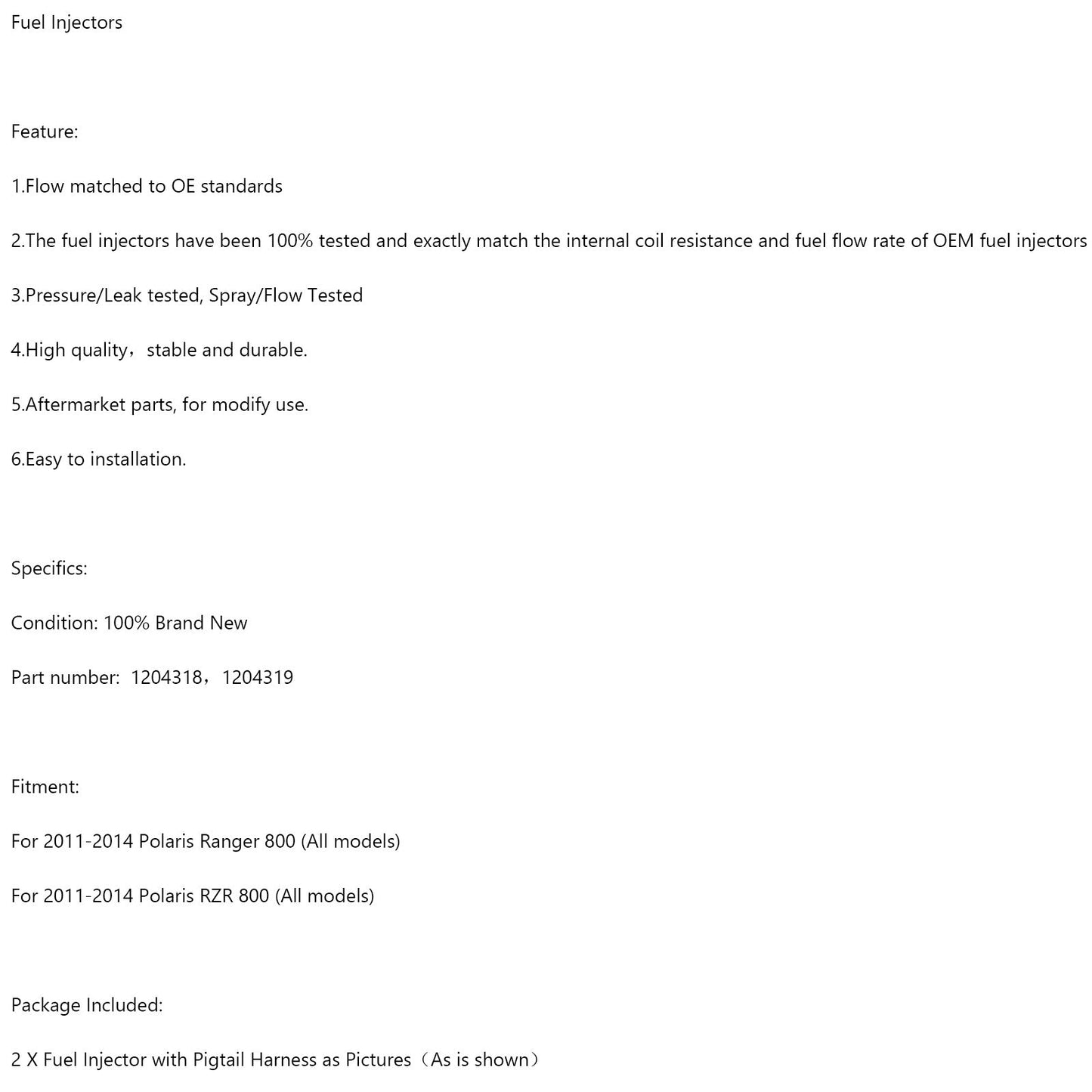 2011-2014 Polaris Ranger 800 Fuel Injectors Harness (PAIR) 1204318 1204319