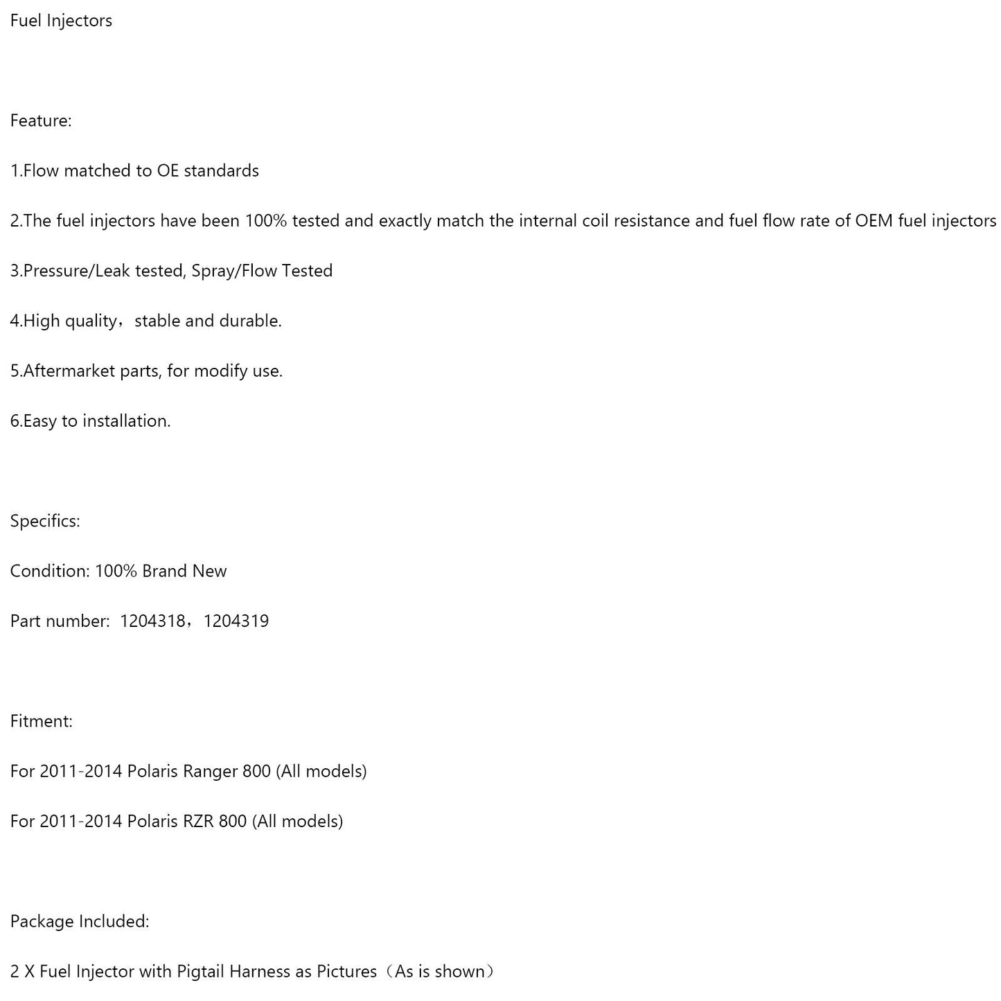 2011-2014 Polaris RZR 800 Fuel Injectors Harness (PAIR) 1204318 1204319