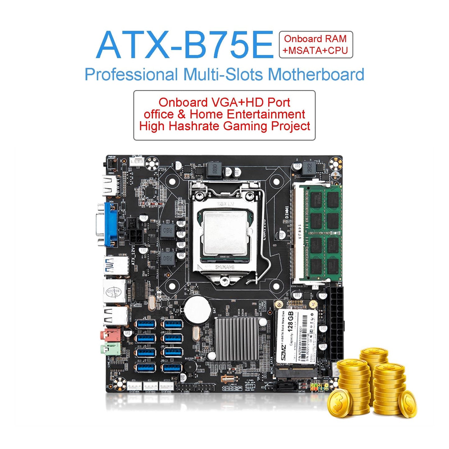 Mining Motherboard CPU DDR3 memory Slot Riserless 8*USB Mining Expert Board