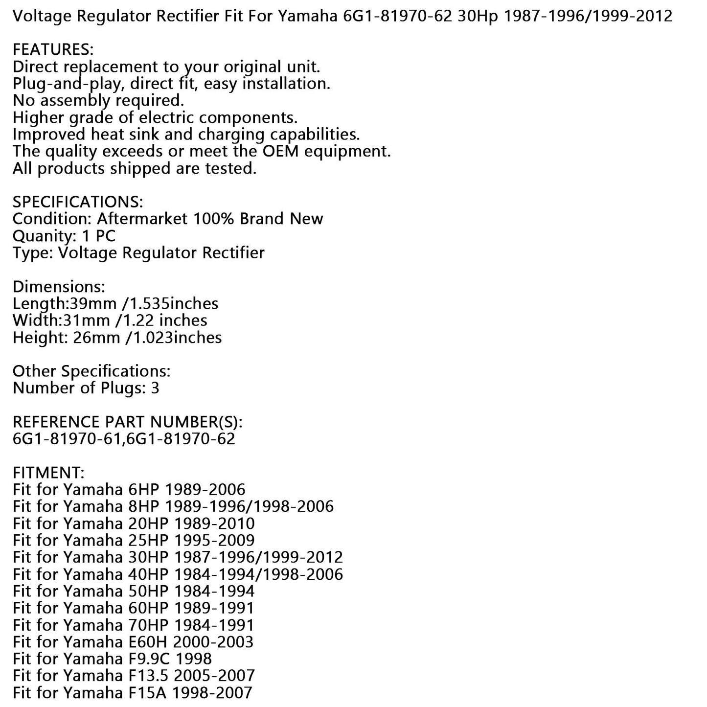 Regulator Rectifier Fit For Yamaha 6G1-81970-618Hp 89-96/98-06 F9.9C 1998
