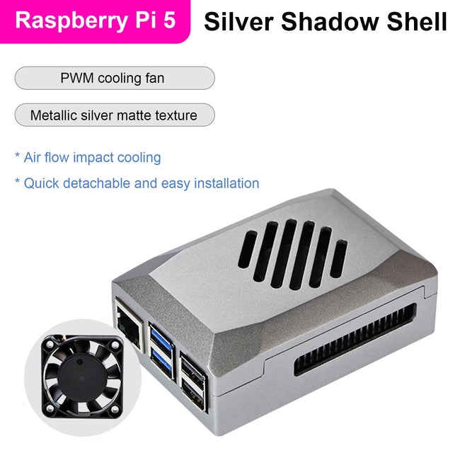 Silver Shadow Shell Raspberry pi5 Protective Box ABS Material Speed Control Fan