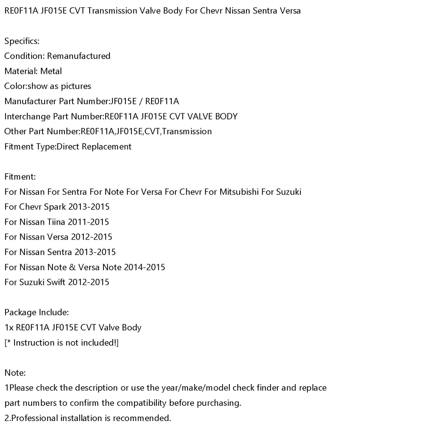 2014-2015 Nissan Note & Versa Note RE0F11A JF015E CVT Transmission Valve Body