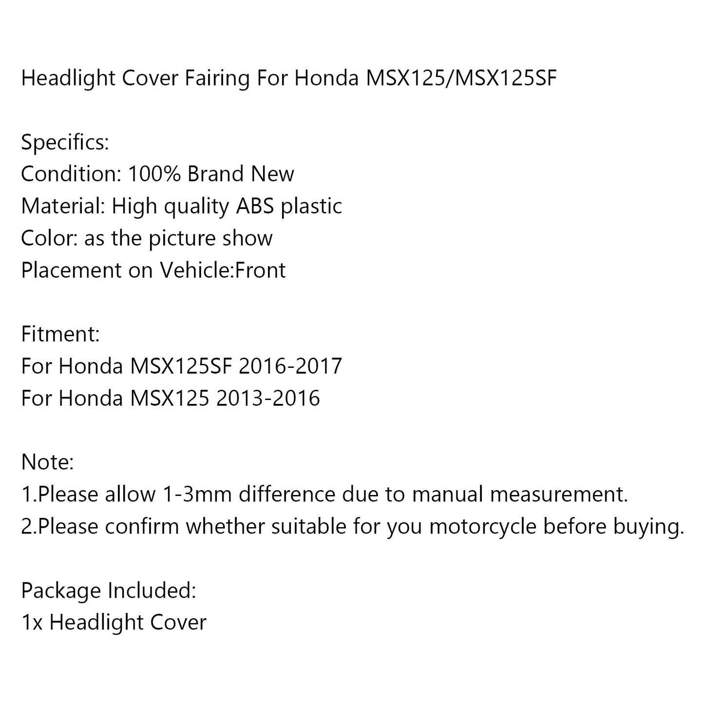 Wind Screen Headlight Cover Fairing For Honda MSX125SF 16-17 MSX125 13-16 Black