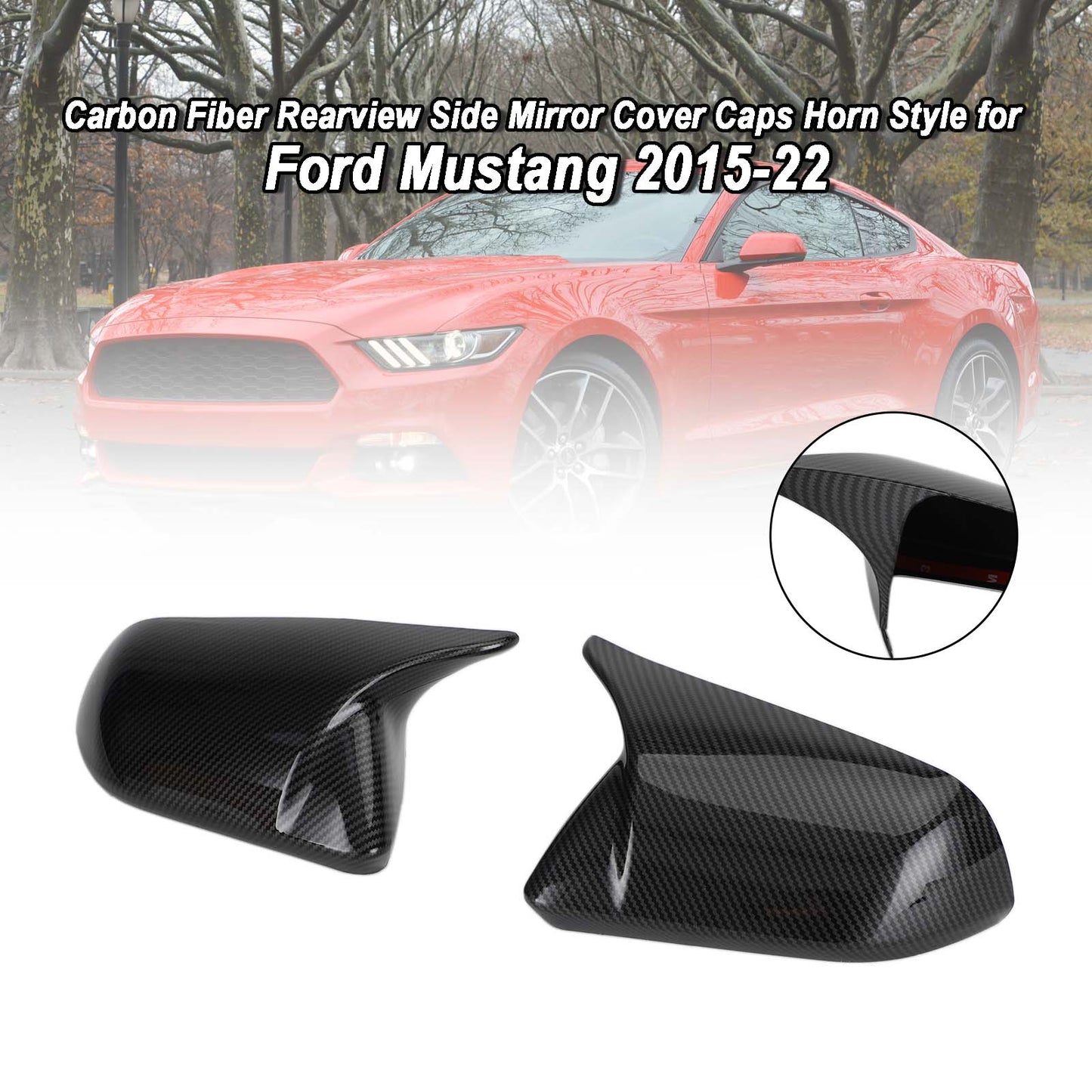 2015-2022 Ford Mustang Carbon Fiber Rearview Side Mirror Cover Caps Horn Style
