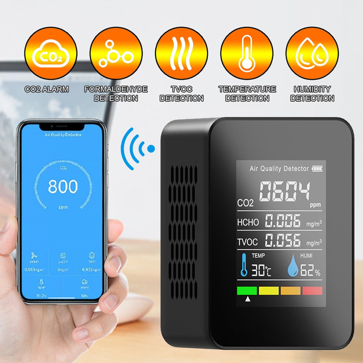 Portable TVOC HCHO CO2 Air Quality Detector Temperature Humidity Tester Monitor