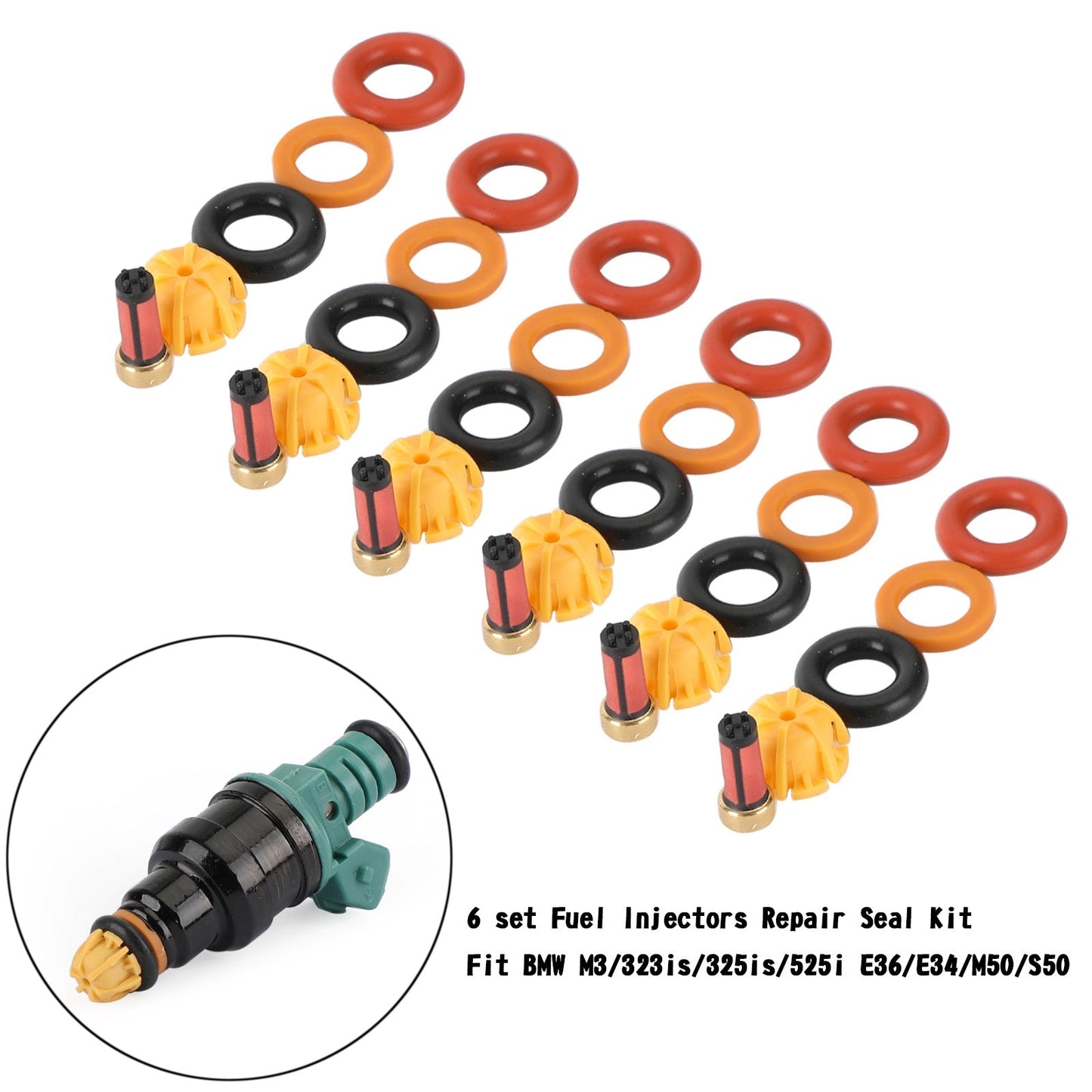 6 set Fuel Injectors Repair Seal Kit Fit BMW M3/323is/325is/525i E36/E34/M50/S50