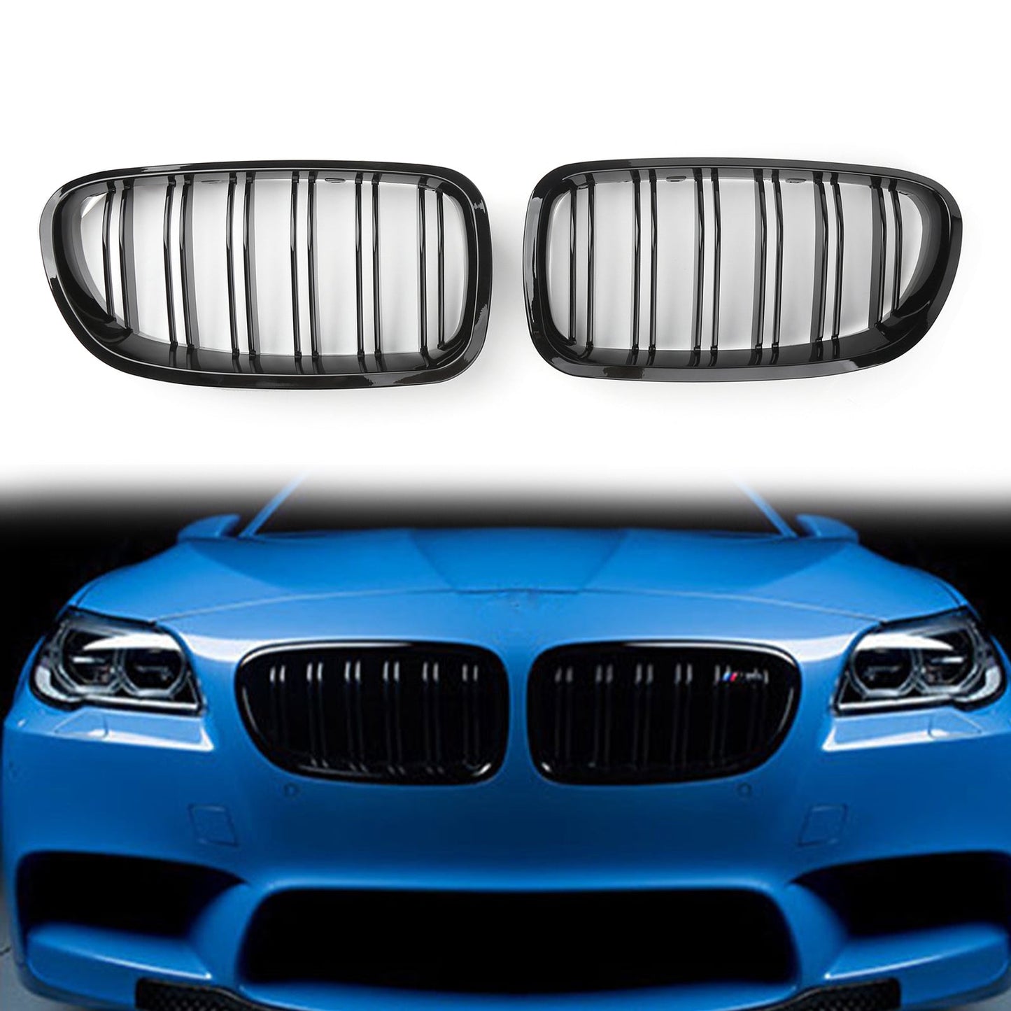 2010-2016 BMW 5Series F10 / F11 /F18 Double Line Glossy Black Front Hood Kidney Grill Grille