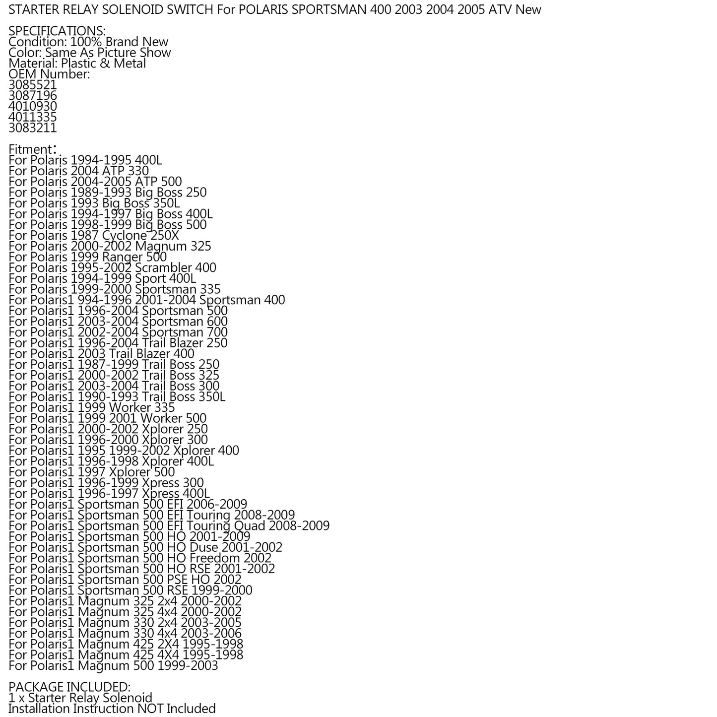 STARTER RELAY SOLENOID SWITCH For POLARIS SPORTSMAN 400 2003 2004 2005 ATV New Generic