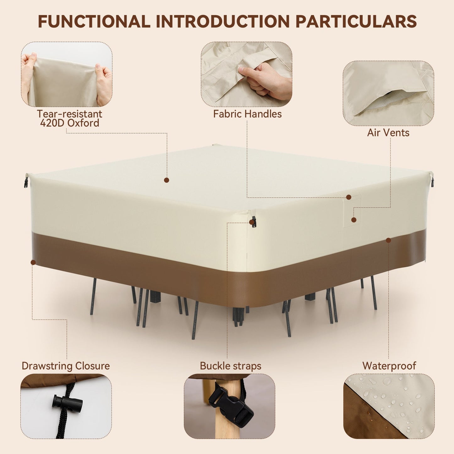 420D Square Waterproof Patio Furniture Cover for Outdoor Table and Chairs