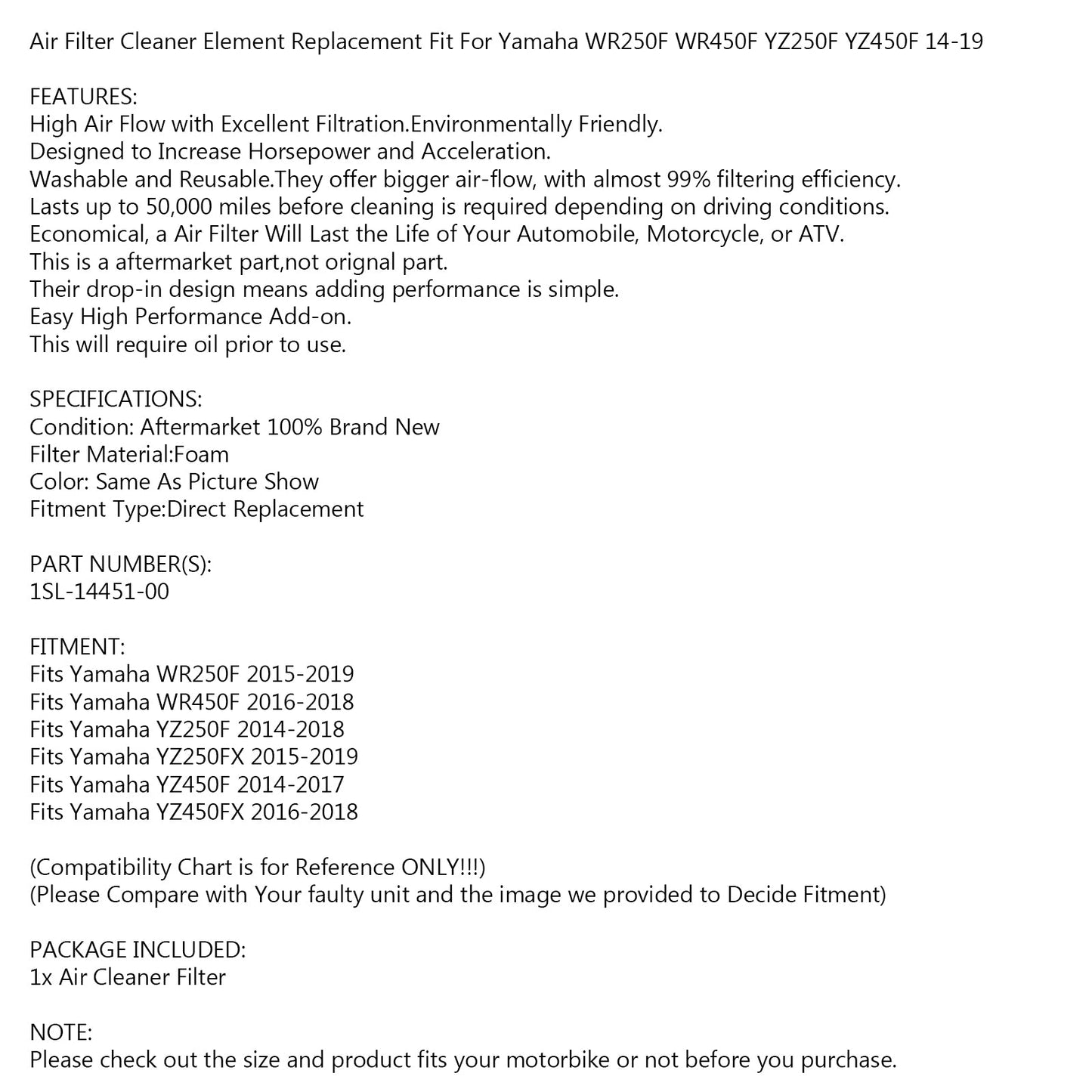 Foam Air Filter for Yamaha YZ250F YZ450F WR250F WR450F 2014-2019 1SL-14451-00