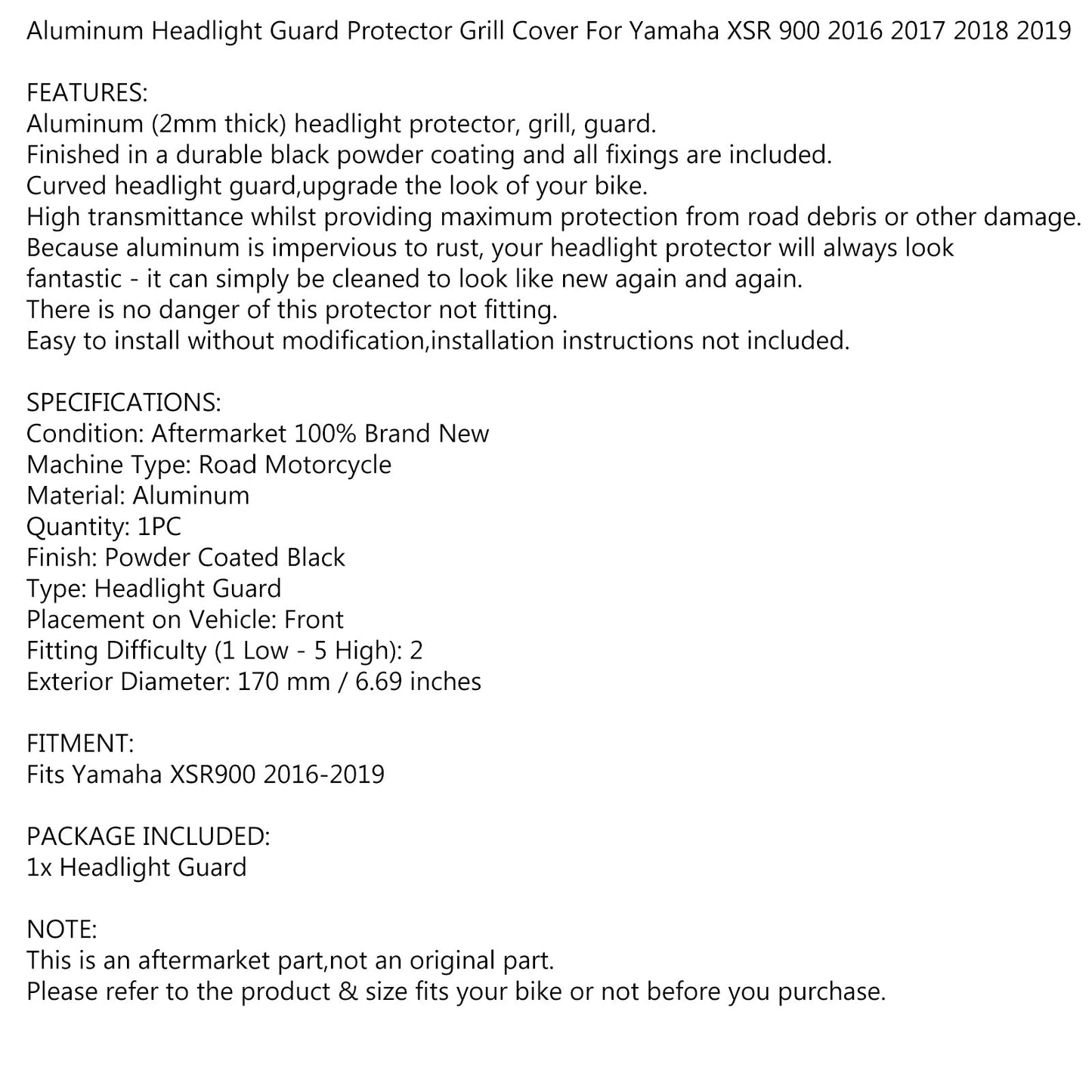 Aluminum Headlight Guard Cover Protector Black for Yamaha XSR 900 2016-2019