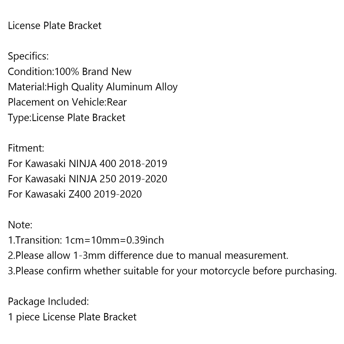 License Plate Bracket For Kawasaki NINJA 400 NINJA 250 Z400 19-20 BLK